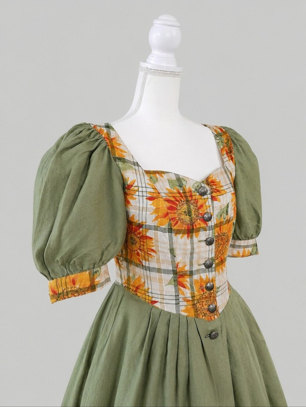Vintage Linen Maxi Dress with Sunflower Plaid Bodice, Cottagecore Dress, Dirndl